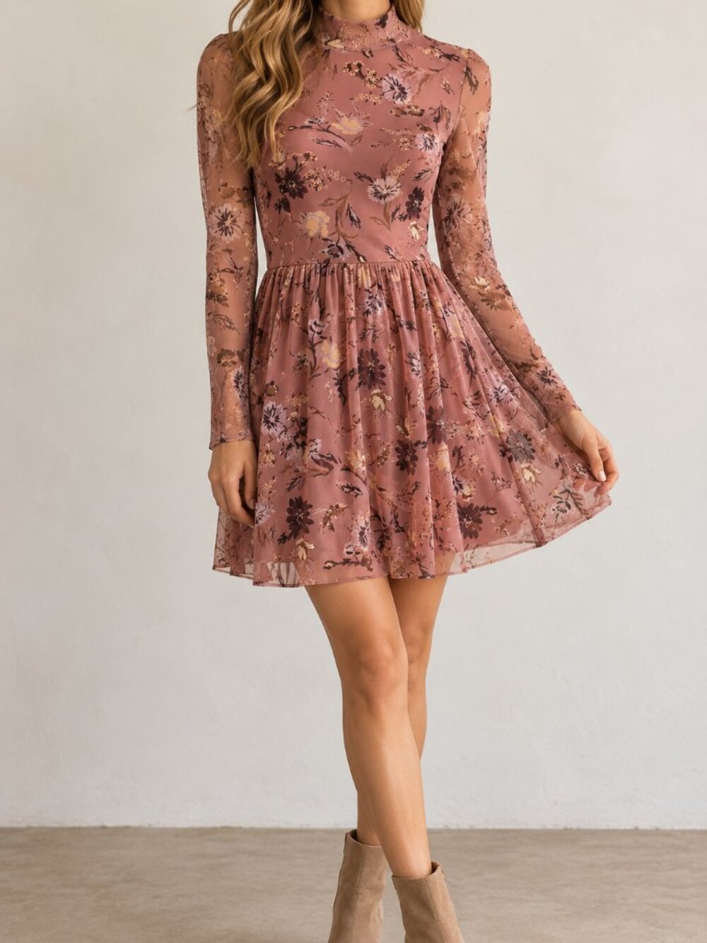 Altar'd State Diya Floral Mesh Long Sleeve Mini Dress XS Mauve Romantic